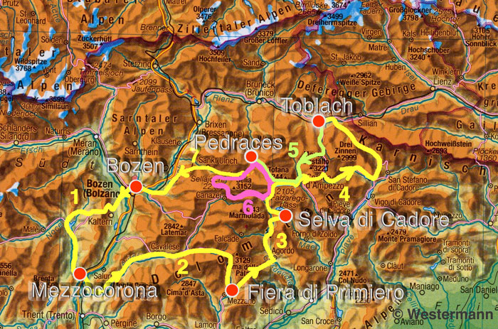 Alpinradler, Rennrad, Tour, Dolomiten, Dolomiti, bici, giro, Graphik, Toblach, Pedraces, Bozen, Selva di Cadore, Fiera di Primiero, Mezzocorona, Plan, Bici, Dolomiti, Mendola, Rolle, Falzarego, Tre Croci, Sella Ronda, Valparola, Kreuzbergpass